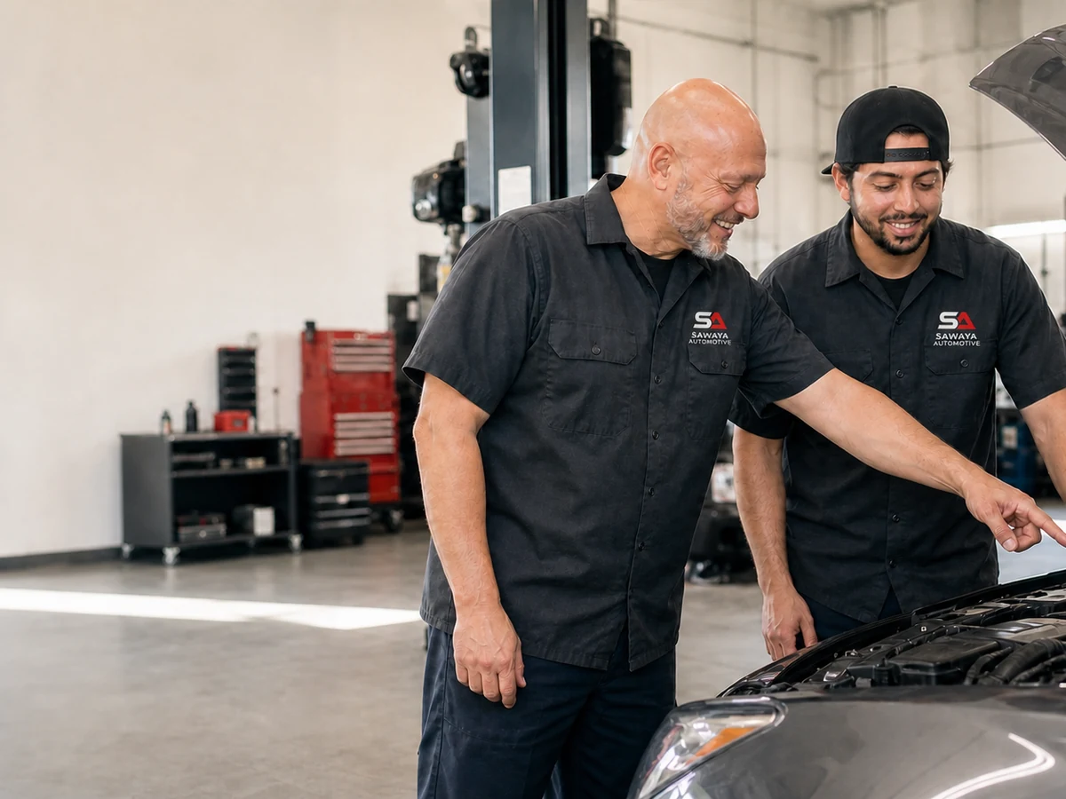 Tony and Steven inspect a vehicle together inside an automotive repair shop.