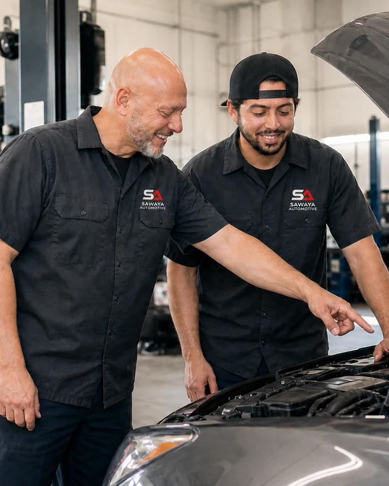 Tony and Steven inspect a vehicle together inside an automotive repair shop.