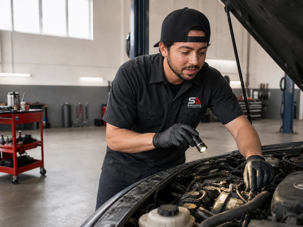 Steven uses an inspection light while checking a vehicle engine.