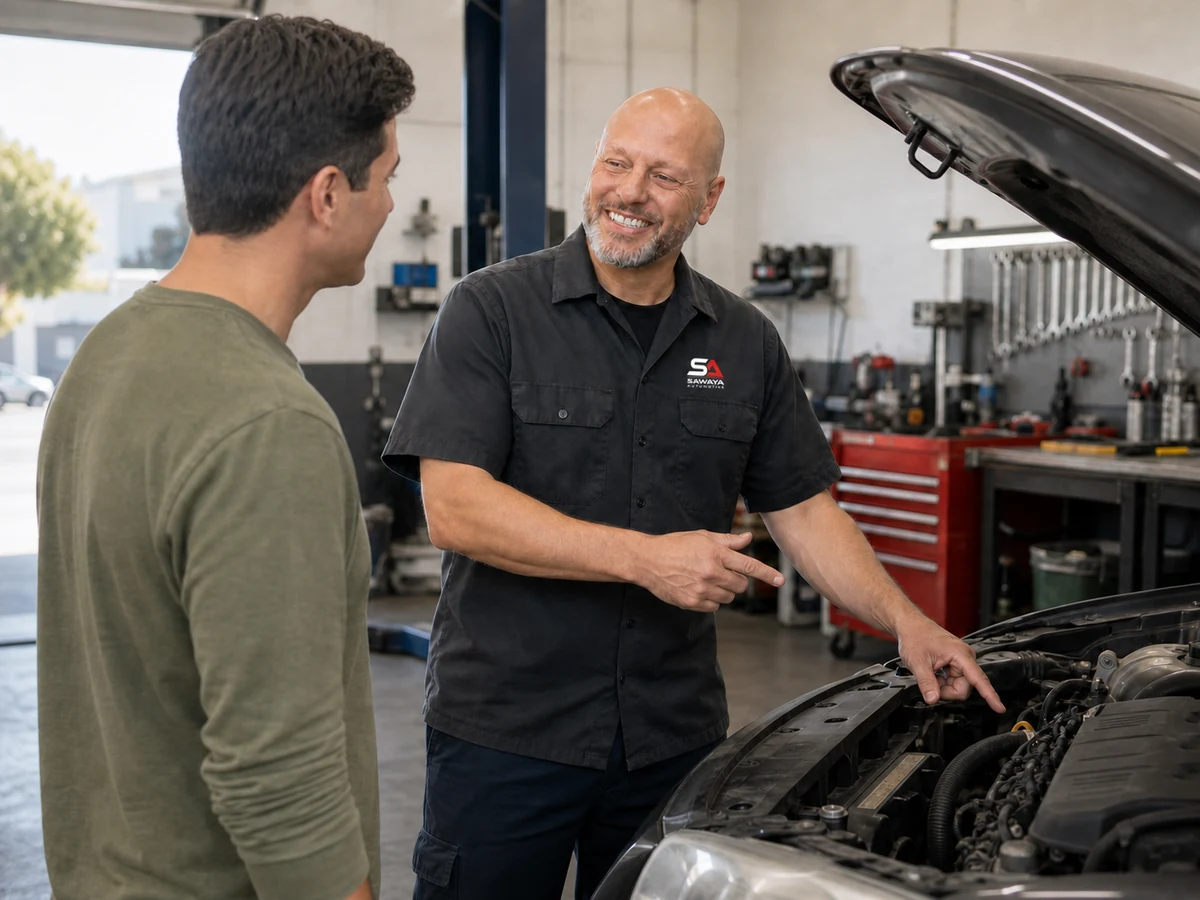 Tony explains a vehicle inspection to a customer beside an open hood.