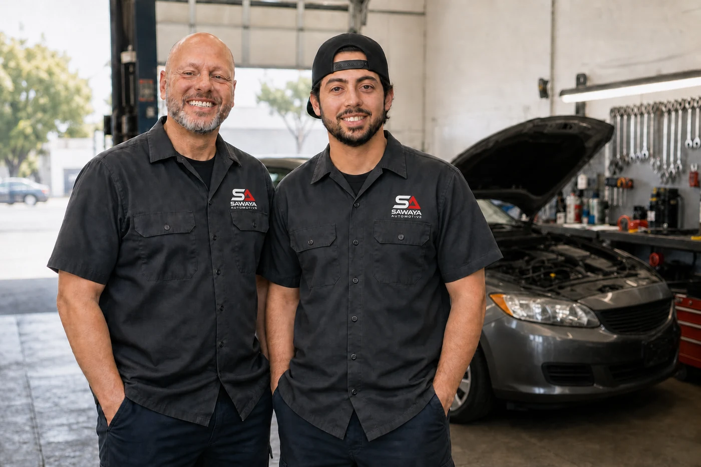 Tony and Steven stand together inside an automotive repair shop.